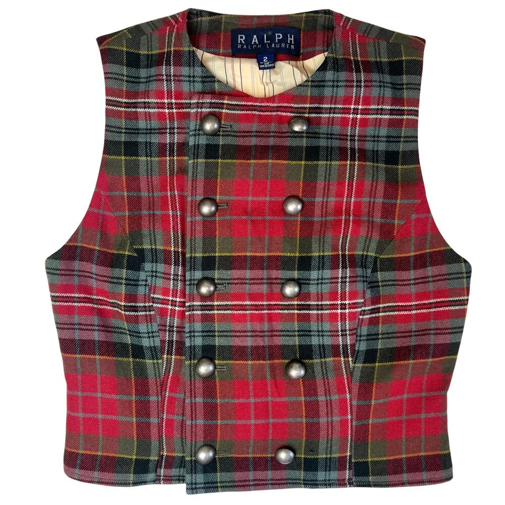 Vintage Ralph Lauren Red Tartan Plaid Double Breasted Wool Vest Heritage Size 2